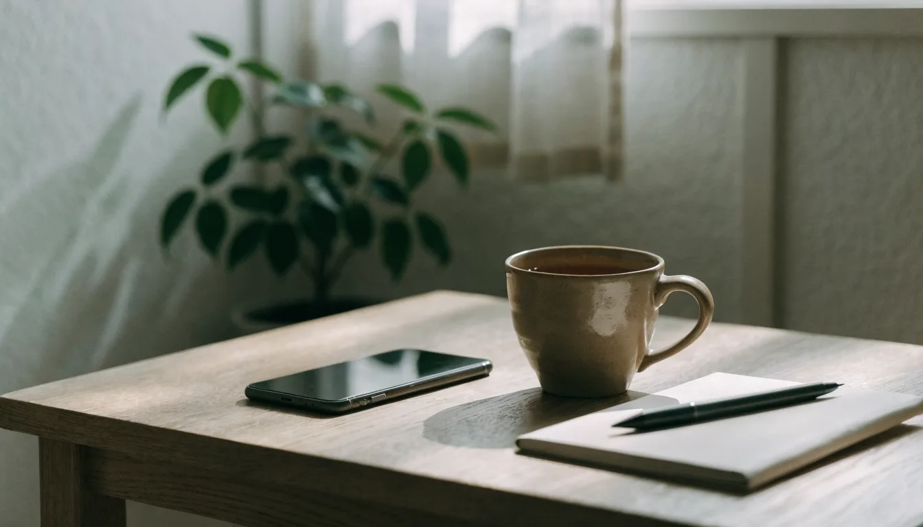 食卓に伏せて置かれたスマートフォンと、マグカップ、閉じたノートとペン
